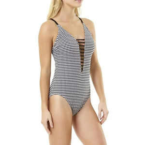 Time and Tru Women's Size Large Gingham Strappy V-Neck One-Piece Swimsuit NWOT